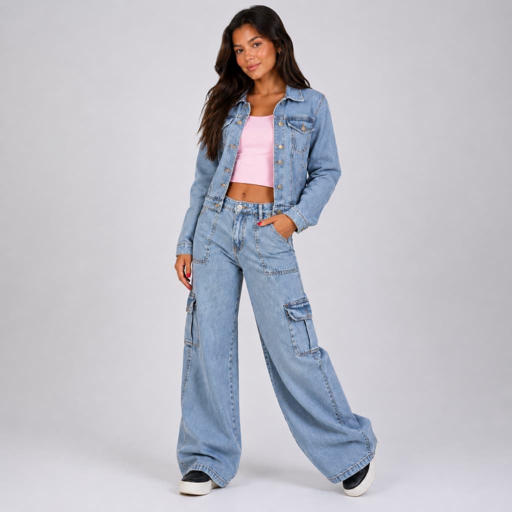 COMBO calça cargo marmorizada + jaqueta jeans 100% juvenil do 10 ao 16