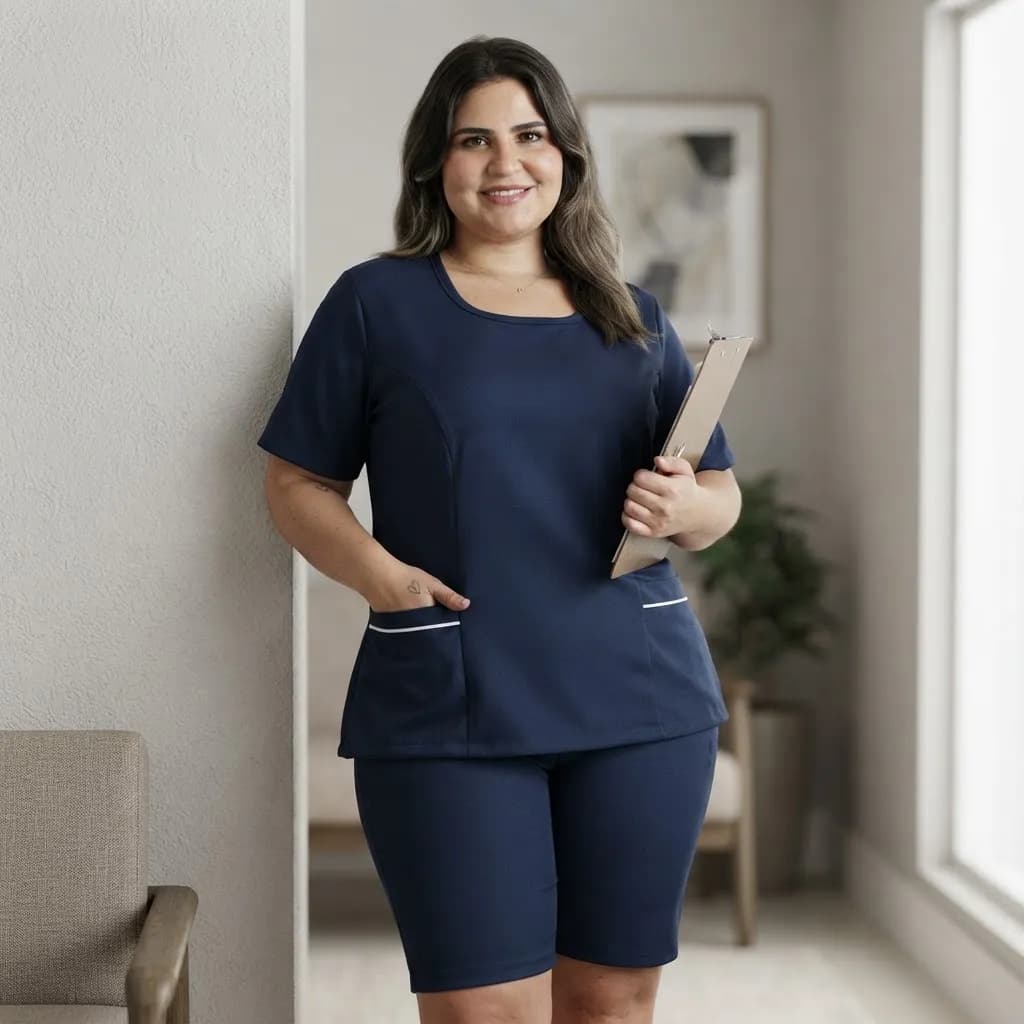 Uniforme Feminino Jaleco Bermuda Helanca Plus Size Doméstica Babá Limpeza Empregada Cuidadora