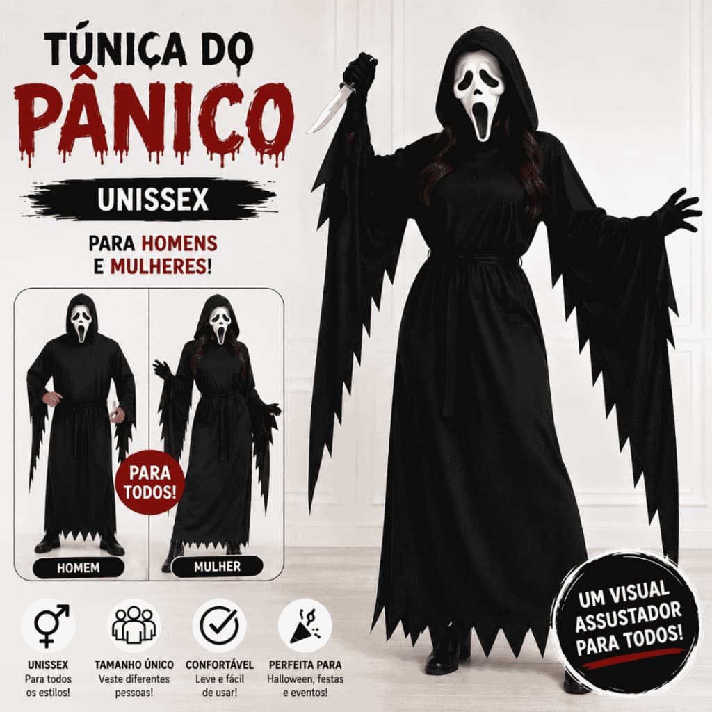 FANTASIA DO PANICO UNISSEX TUNICA COM CAPUZ E MASCARA PÂNICO HOMEM E MULHER
