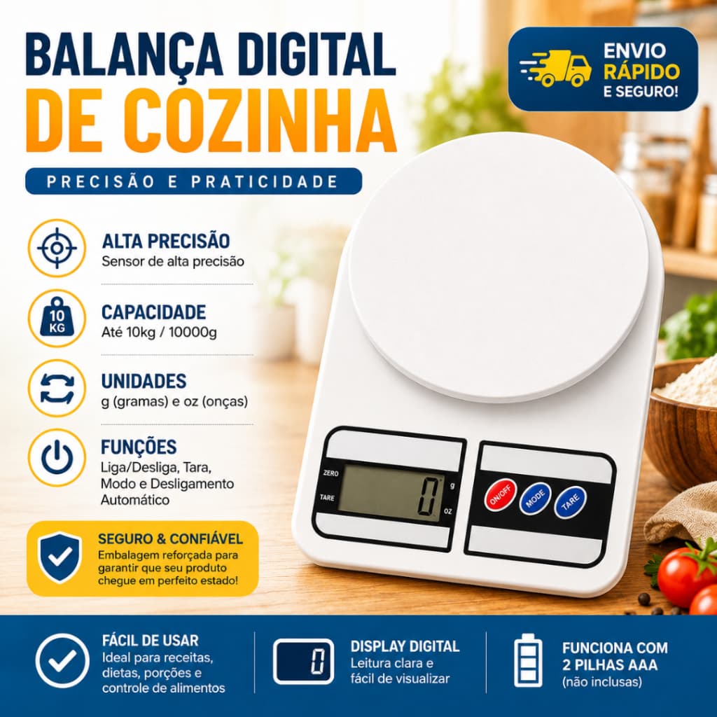 Balança de Cozinha Digital 10kg Precisão 1g LCD Eletrônica Função Tara Culinária Profissional