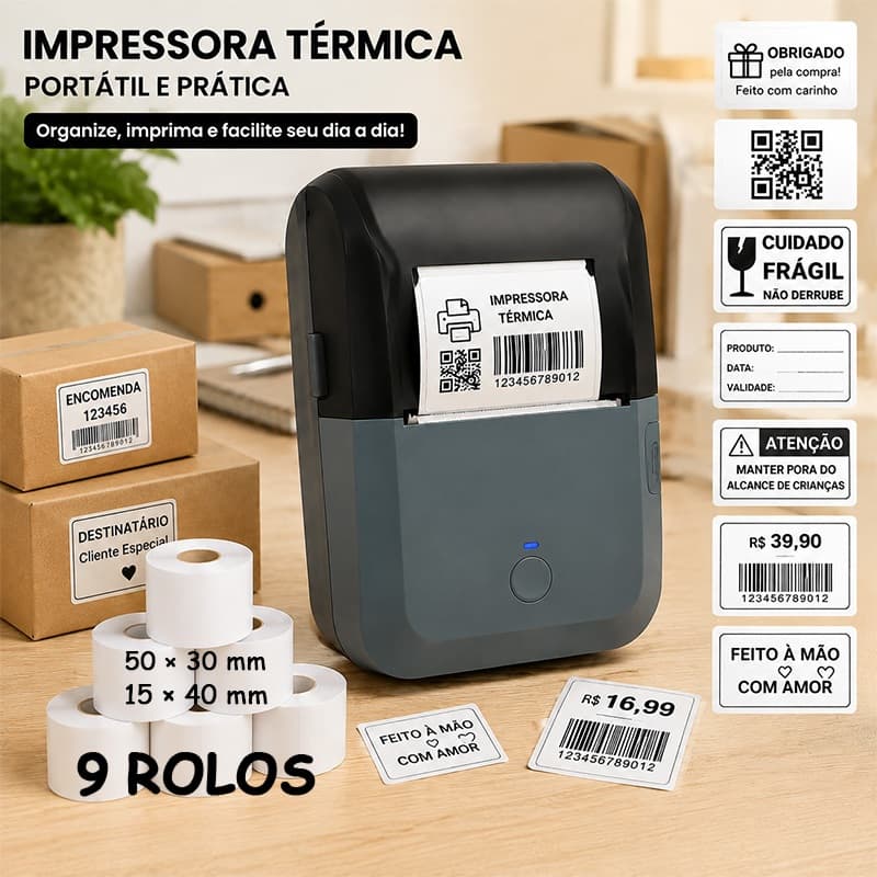 Kit Impressora de Etiquetas Bluetooth Térmica Sem Tinta + 9 Rolos Etiqueta Adesiva iOS Android