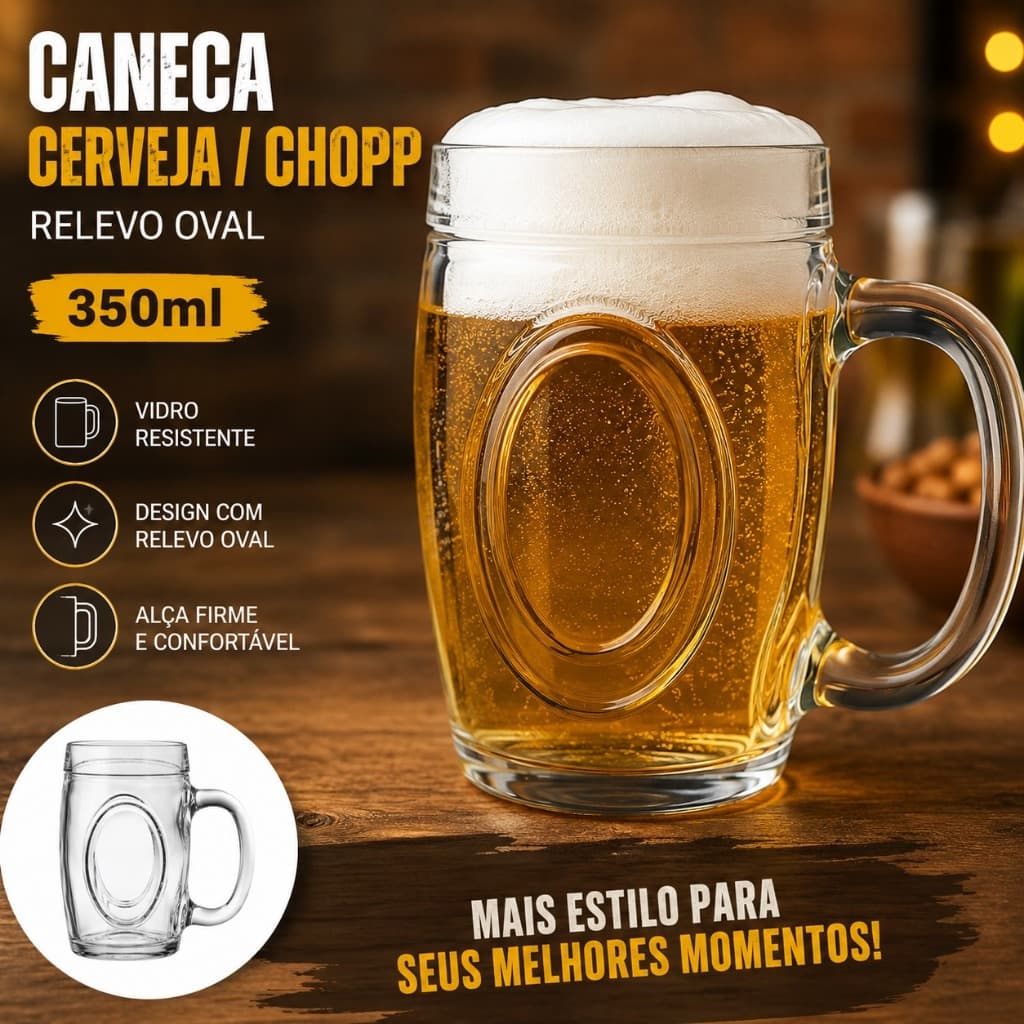 Caneca de Vidro para Cerveja e Chopp Relevo Oval 350ml – Caneca com Alça