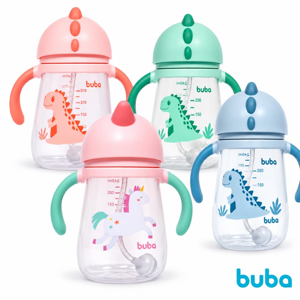 Copo Com Alça Buba Transição Dino Unicornio 240Ml Para Bebe Criança Com Canudo Treinamento Válvula Menino Menina