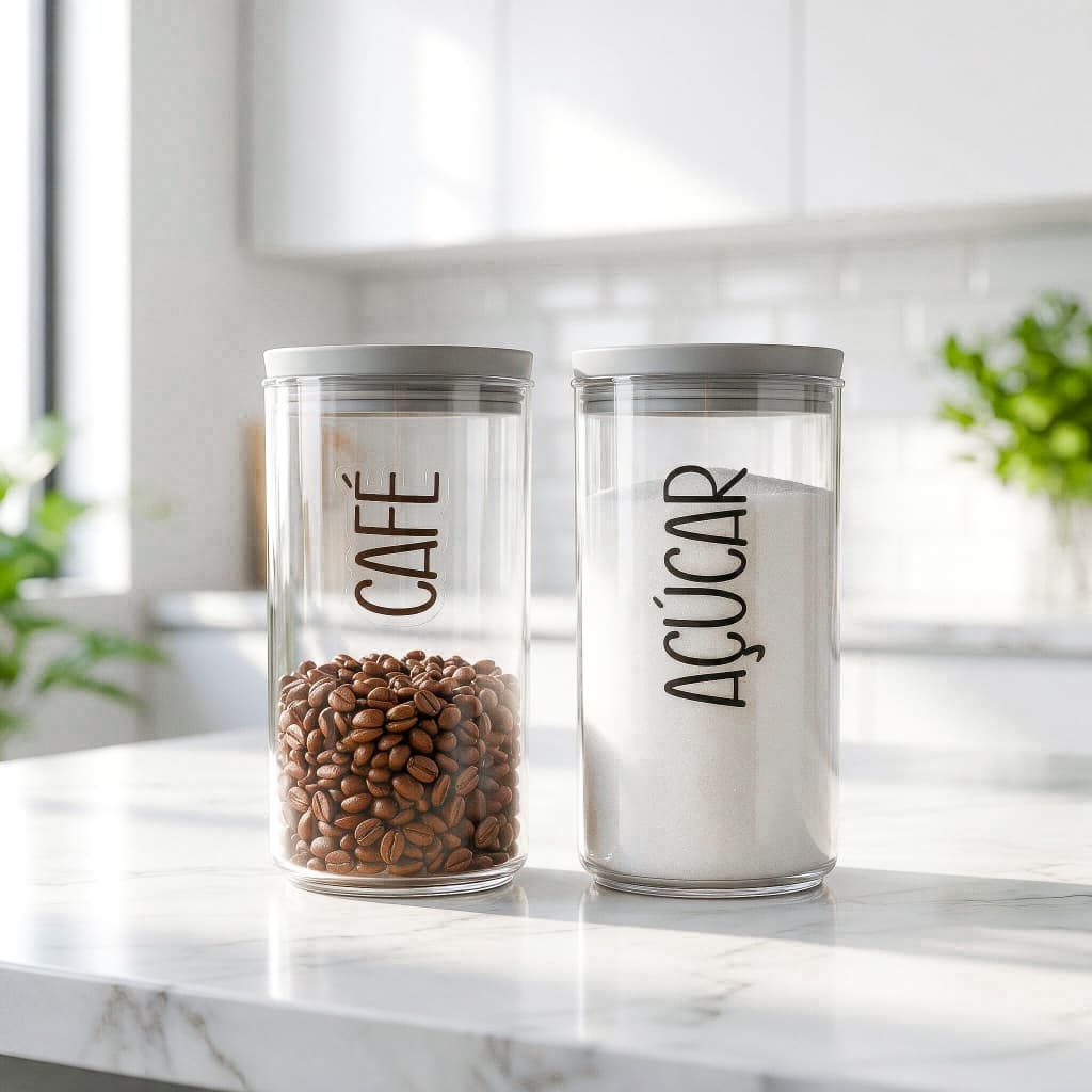 Pote Hermético 1,3L - Porta Mantimentos Etiquetas - Plástico - Café Açúcar Sal Arroz Variações