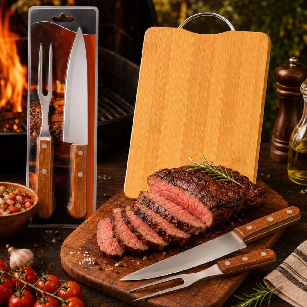 Kit Churrasco Premium Tábua Bambu 32x22 + Faca 7" Garfo 5" Aço Inox Cabo Madeira | Envio Imediato