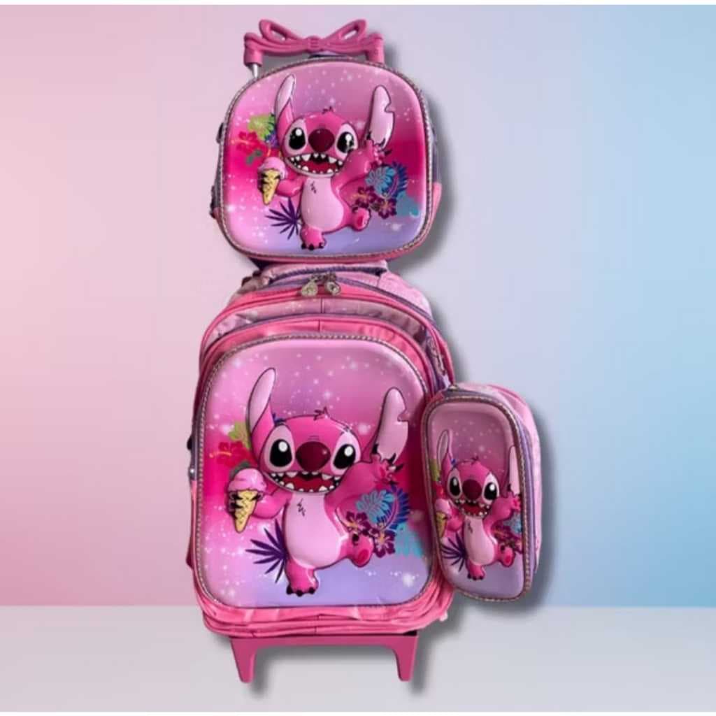Kit 3D Mochila Stitch Escolar com Rodinha, Infantil Lancheira Térmica e estojo