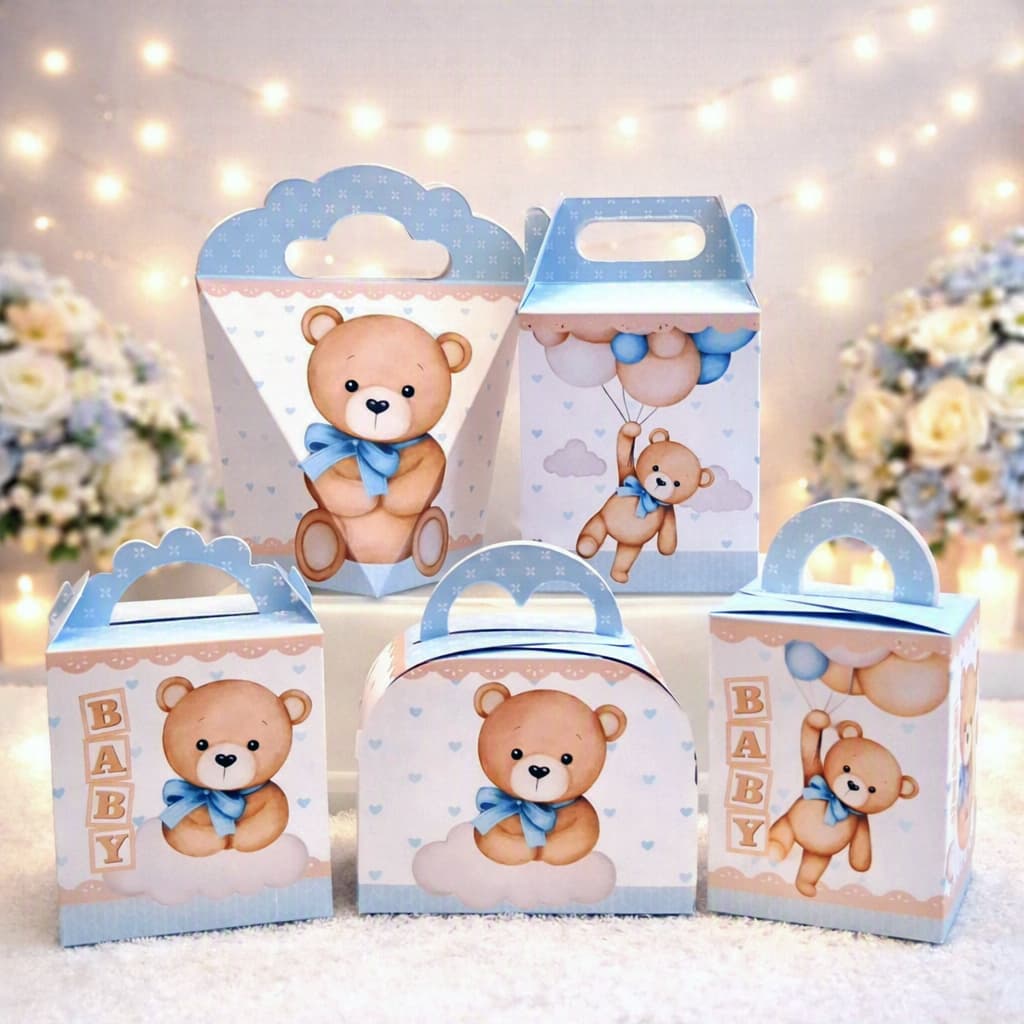 Kit 20 a 50 Caixinha URSINHO AZUL CHÁ DE BEBÊ ANIVERSÁRIO Lembrancinha Festa Pegue E Monte