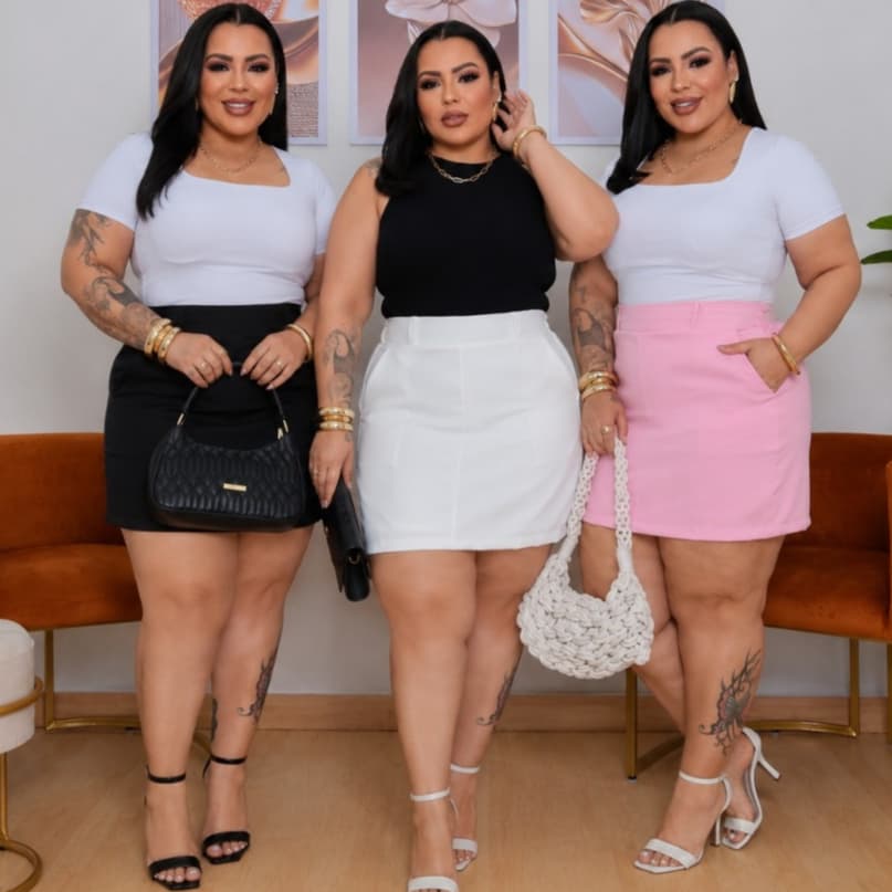Short Saia Alfaiataria Plus Size Feminino com Elástico nas Costas Bolsos Laterais Cintura Alta Premium