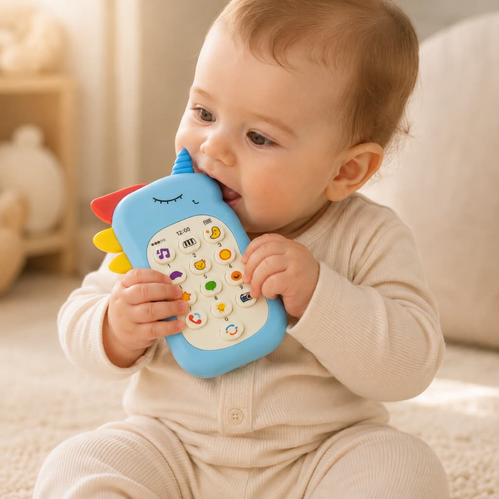 Celular Infantil Musical Azul Bebê - Telefone Interativo com Mordedor Educativo Sensorial