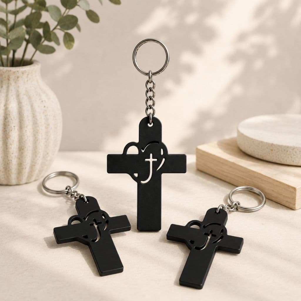 3 Chaveiros Cruz com Coração Preto Proteção Presente Religioso Envio Imediato