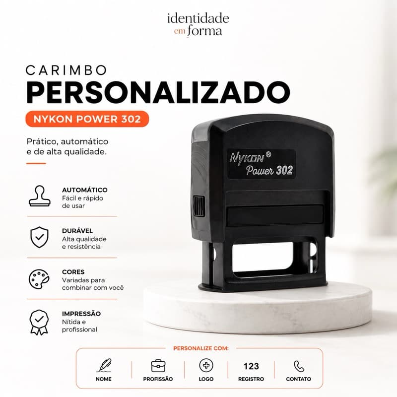 Carimbo Personalizado com dados Nykon 302 38x14mm - Professor Médico Pediatria Enfermagem