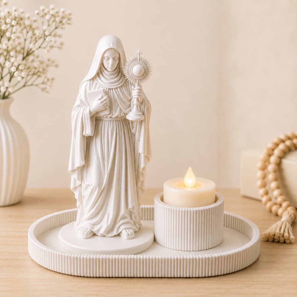 Santa Clara Católica com Bandeja Porta Vela LED Imagem Decorativa Cantinho de Oração Presente Religioso Fé