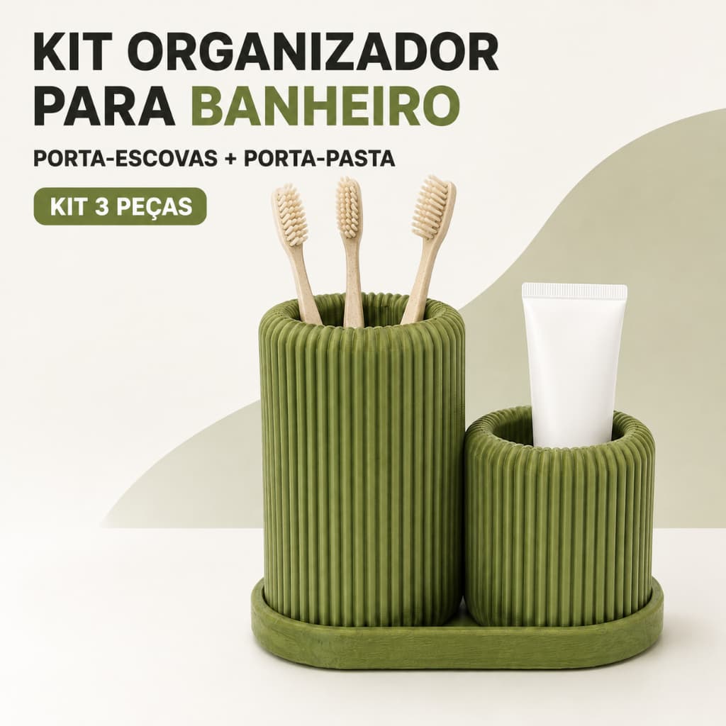 Kit Porta Escova de Dente e Pasta com Bandeja 3 Peças Organizador de Banheiro Canelado Minimalista para Bancada