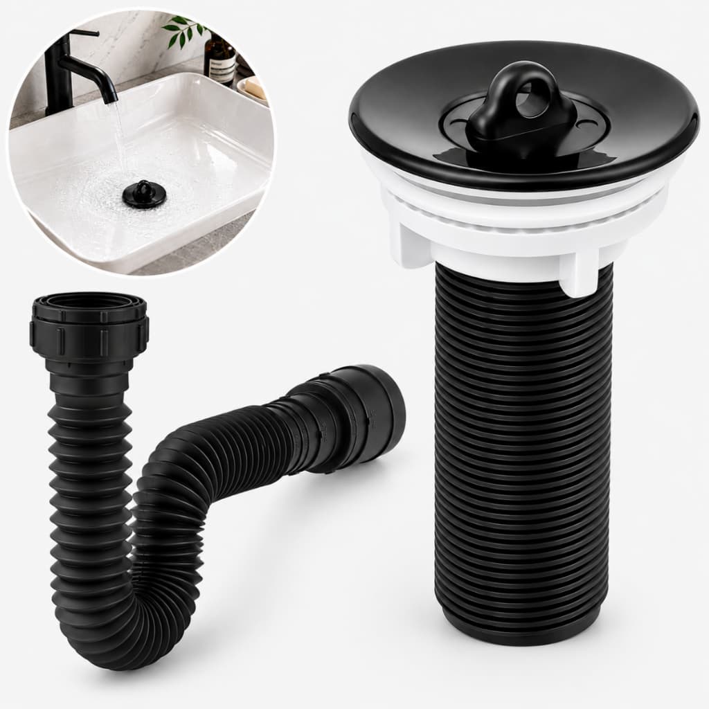 Kit Válvula Lavatório Com Tampa + Sifão Sanfonado Universal Ralo Pia Cuba Banheiro Lavabo Preto