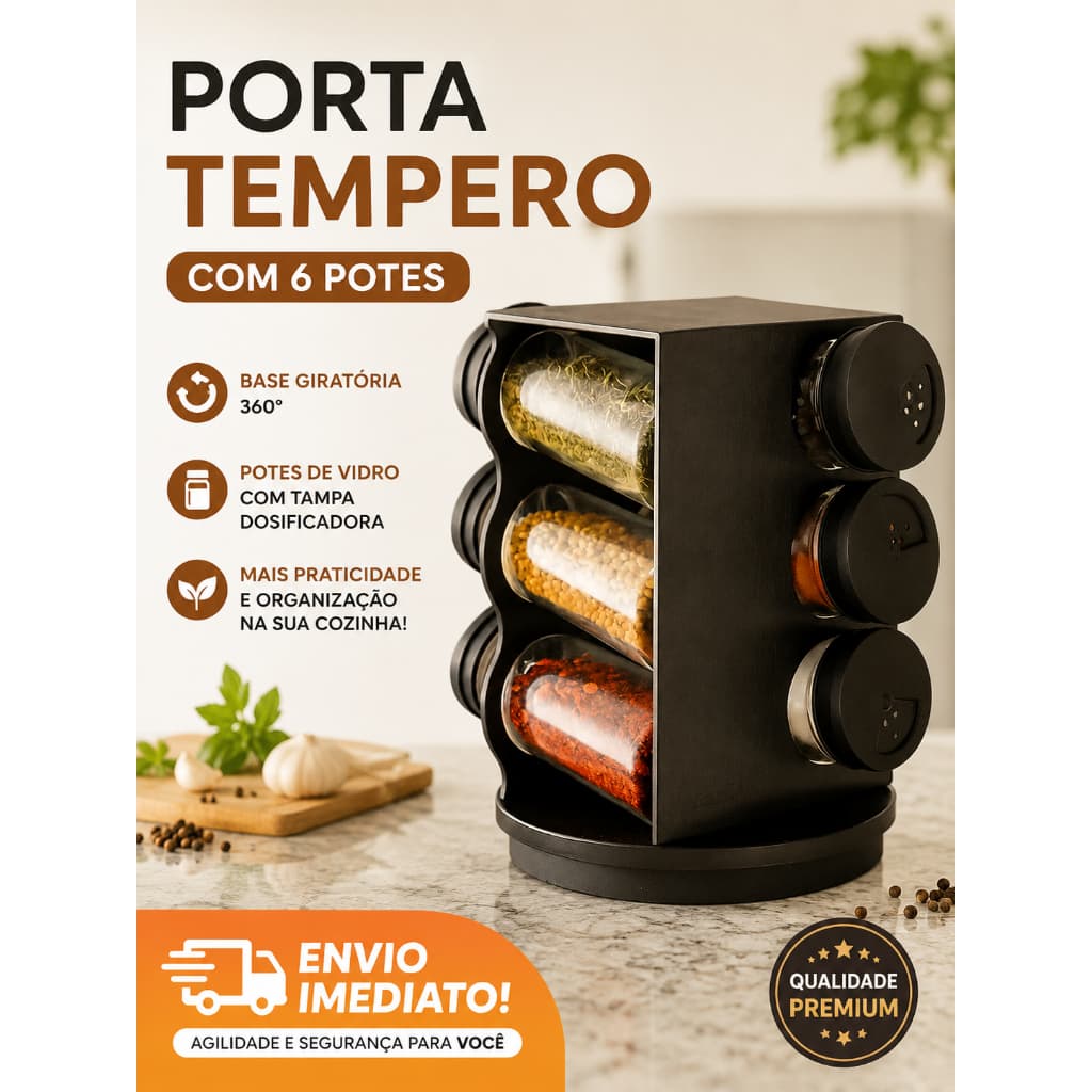 Porta Temperos Condimentos Giratório 6 Potes 80ml Organizador Cozinha Compacto Preto Moderno