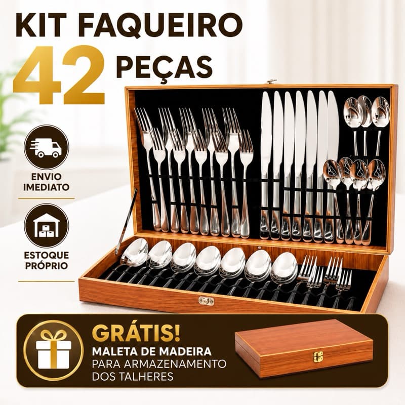 Kit de Talheres Faqueiro Completo 42 Peças Aço Inox Luxo Gratis Caixa Madeira Presente Casamento