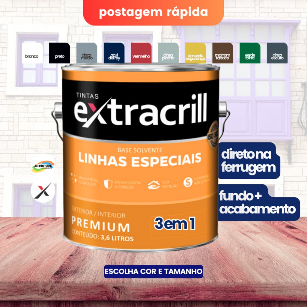 Tinta Esmalte Tripla Função Direto na Ferrugem + Fundo + Acabamento Extracrill AntiFerrugem Galão 3,6L Escolha Cor