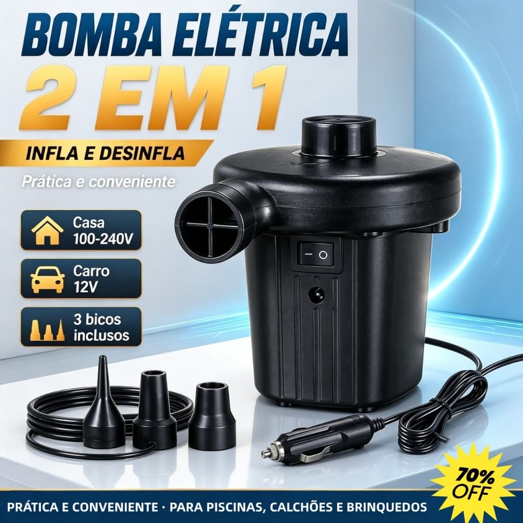 Bomba Elétrica 2 em 1 Inflar/Desinflar 110V-240V/12V – Portátil, 3 Bicos, Para Colchão, Piscina e Barco S2