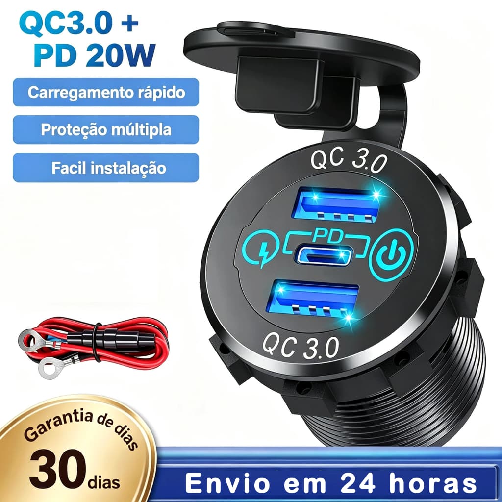 Carregador Painel 65W PD USB-C QC3.0 3 Portas com Interruptor LED Fusível 12/24V Moto Barco Caminhão