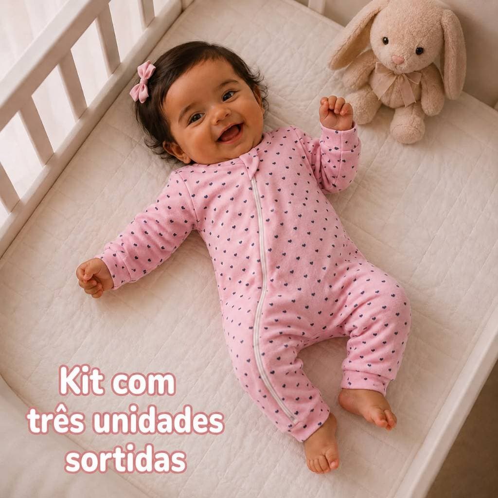 Macacão Bebê Menina 1Unidade e Kit com 3 Unidades Tecido Soft Quentinho com Zíper Estampas Sortidas Tamanhos P M G
