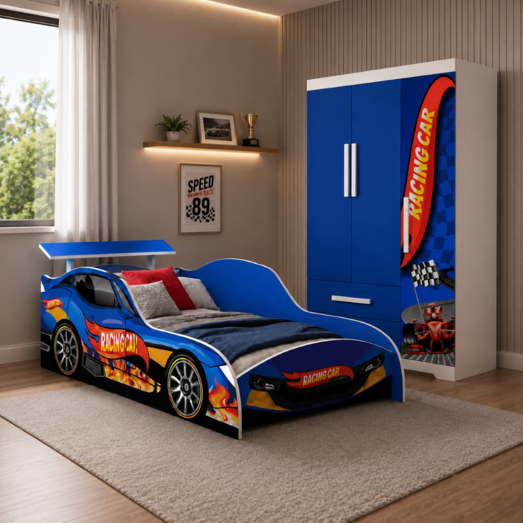 Jogo de Quarto Infantil em MDF Racing Car Azul com Cama e Guarda-Roupas