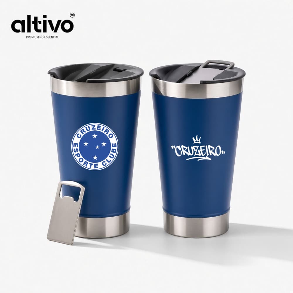 Copo Térmico Cruzeiro Esporte Clube Time de Futebol 473ML com Tampa Rosqueável e Abridor em Aço Inoxidável