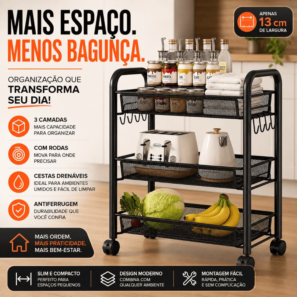 Carrinho Organizador Slim 3 Camadas com Rodas Estreito para Cozinha Banheiro Lavanderia Preto