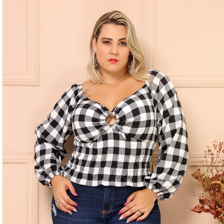 Blusa Cropped Xadrez Plus Size Lastex Com Manga Longa e Bojo/COD:B24X