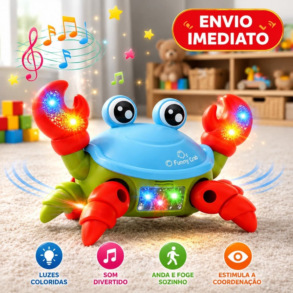 Brinquedo Caranguejo Fujão Musical Som Luz E Movimento Infantil Para Bebês Tummy Time LED