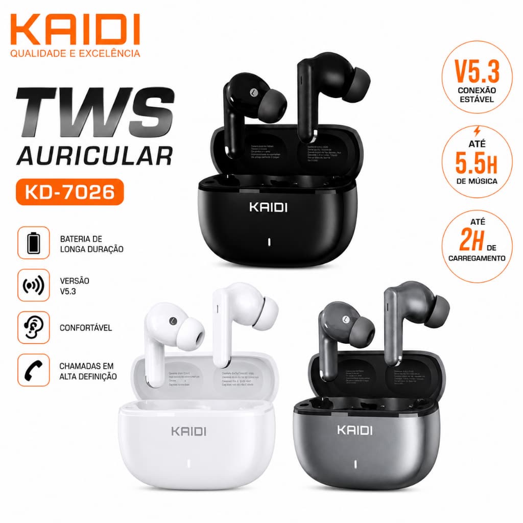 Fone Bluetooth 5.3 Kaidi KD-7026 TWS Sem Fio Touch HD Compatível iOS Android Bateria Longa Duração