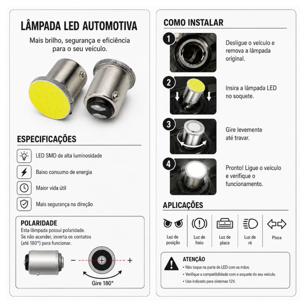 Par de Lâmpada LED COB 1 ou 2 Polos 1156 / 1157 BAY15D Amarela Âmbar Branca Vermelha 12V Para Lanterna Freio Seta