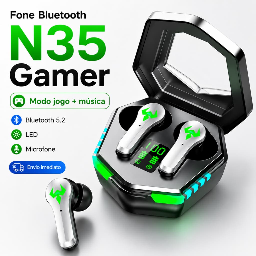 Fone Bluetooth N35 Gamer | Com Microfone e Conexão Bluetooh. Fone para academia e jogos