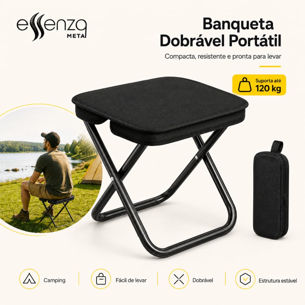 Banqueta Dobrável Portátil Essenza Cadeira Camping Pesca Praia Piquenique Suporta 120kg