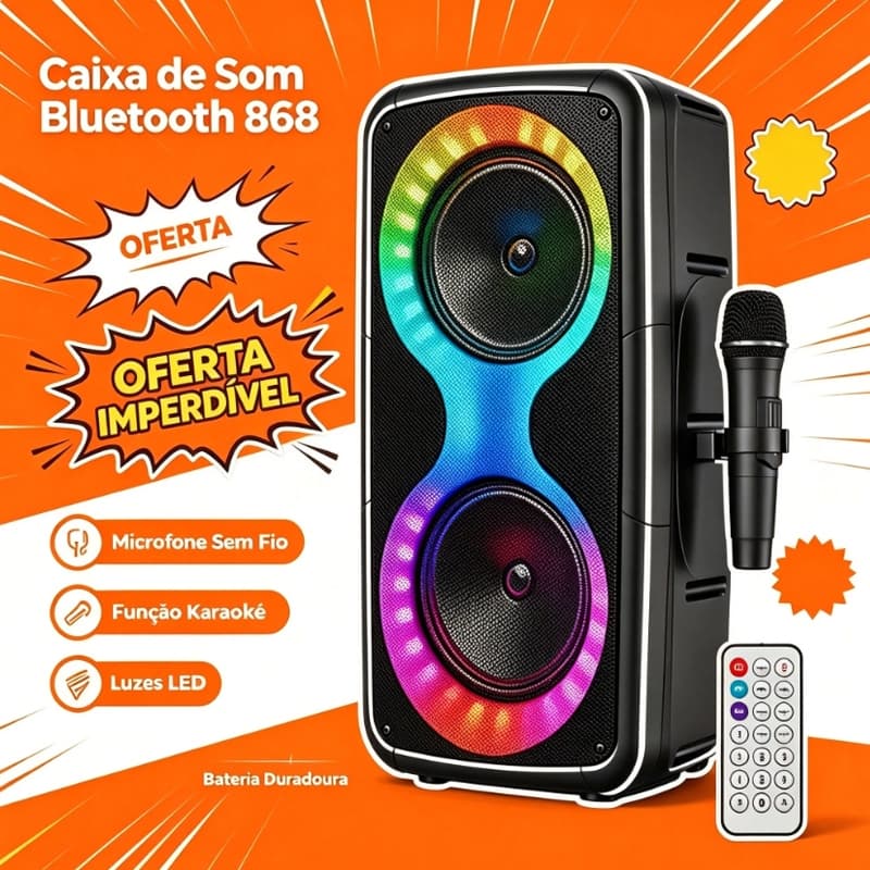 Caixa de Som Bluetooth com Microfone Karaoke Sem Fio Entrada USB/TF/AUX, Iluminação LED Sync Música