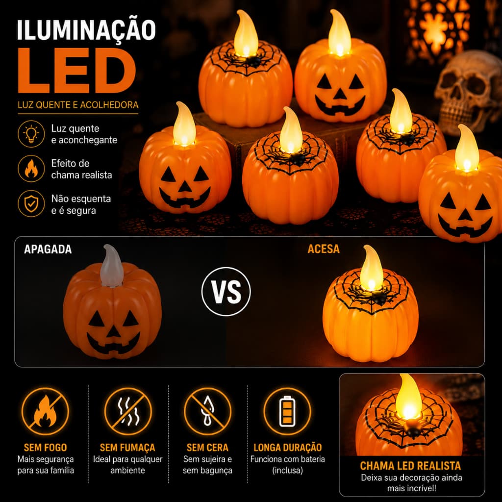 Kit 3 Velas Led Abobora Halloween