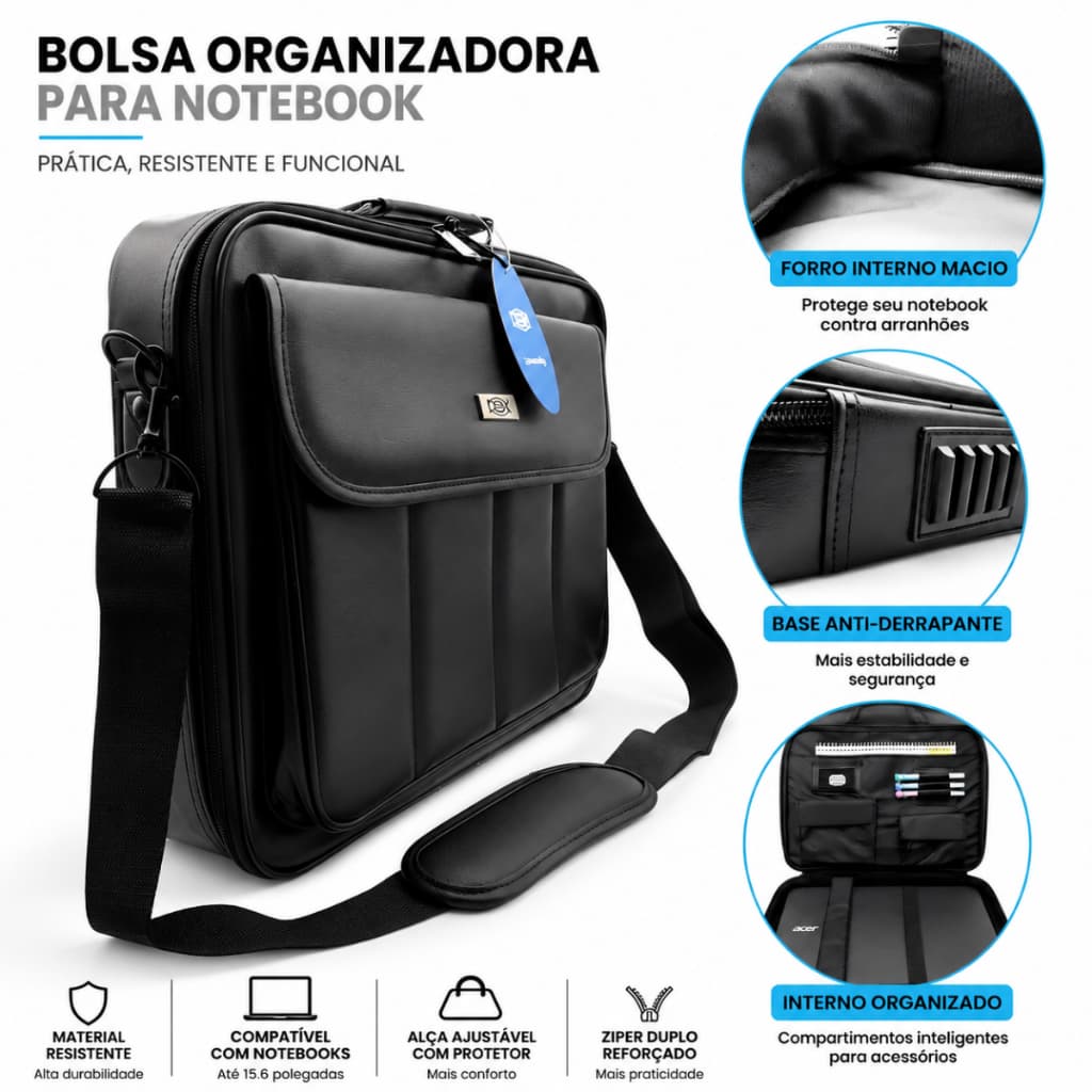 Bolsa Pasta para Notebook Couro Masculina até 15,6" Maleta Executiva Dex 03U Preta