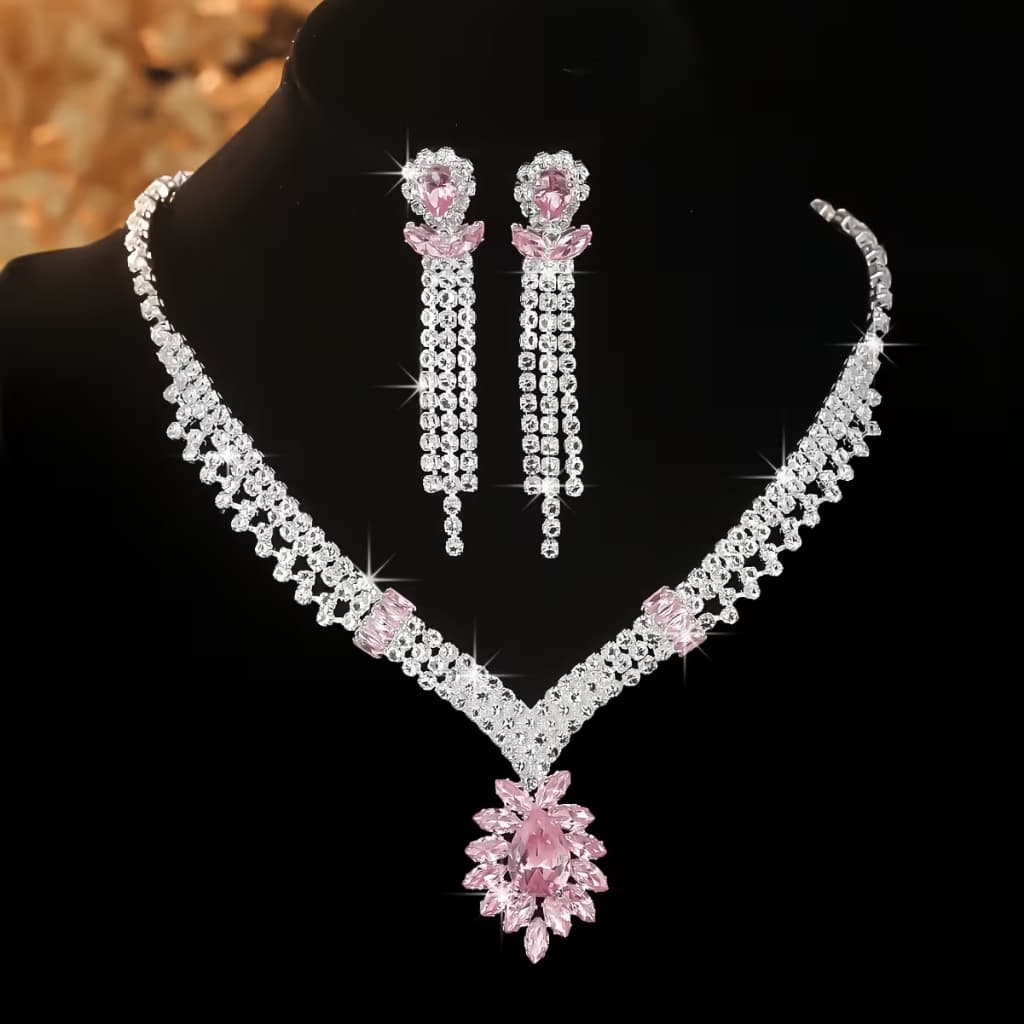Conjunto de 3 Peças com Colar Rosa e Brincos, Elegante e Versátil Para Festas