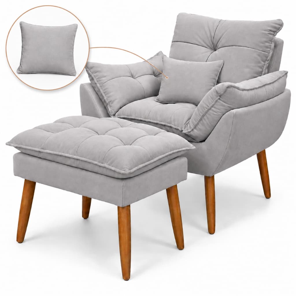 Kit Poltrona Com Puff + Almofada Amamentação Sala Decoração Tecido Suede Pés Palito Quarto Rack