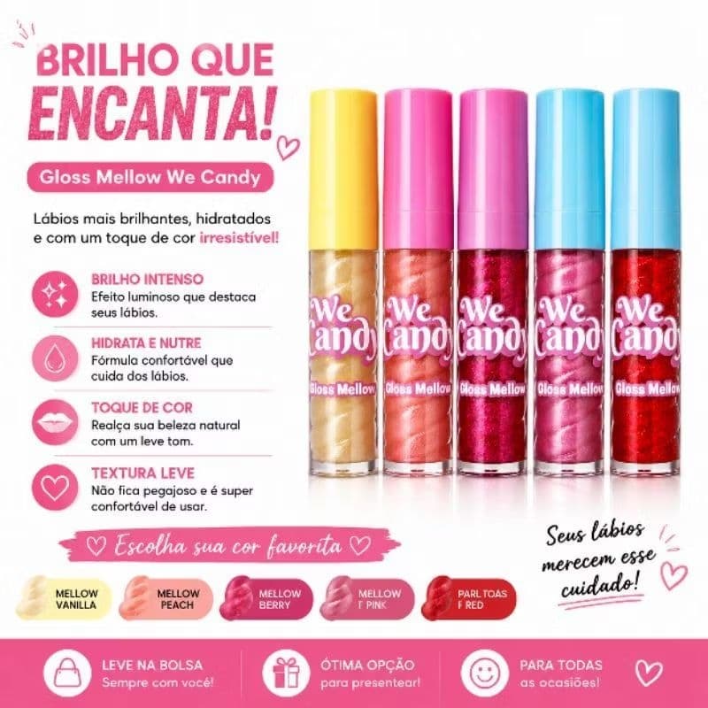 Gloss Labial We Candy Mellow Lip Gloss Brilho Labial Glitter longa Duração Hidratante Maquiagem