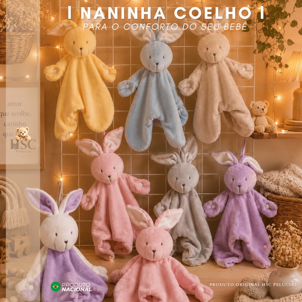 Naninha Com Porta Chupeta Soft Plush Antialérgico Extra Macio 100% Algodão Bichinhos Coelho - HSC
