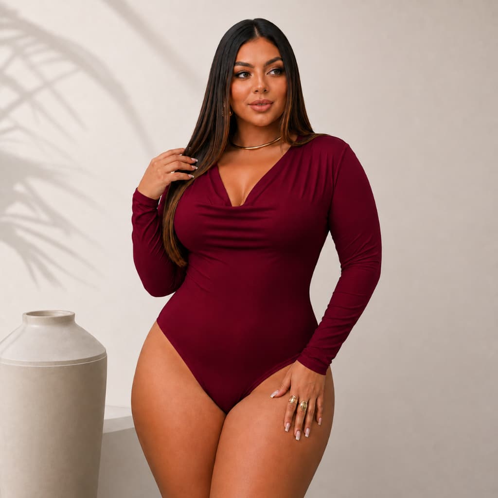 Body Feminino Decote Degagê Drapeado Manga Longa Plus Size Suplex