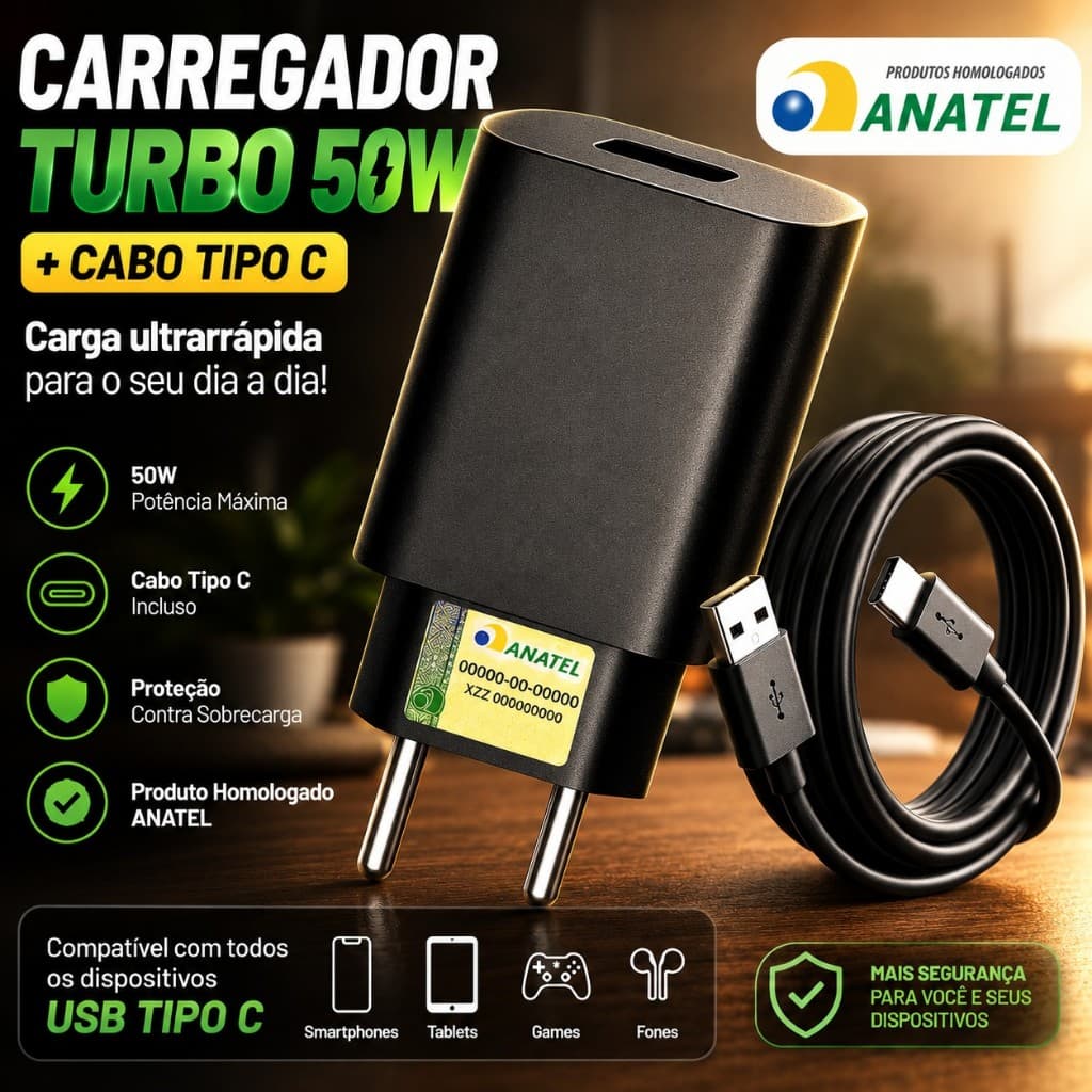 KIT Carregador Fonte E Cabo USB-C 1M Turbo 50W USB-C Para Celular Android Homologado Anatel