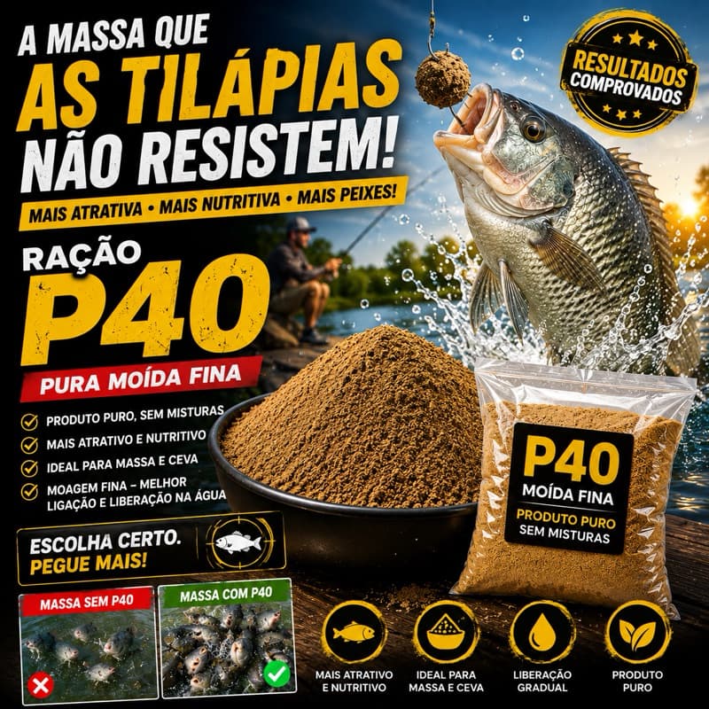 Ração P40 Pura Moída Fina para Enriquecer Massa de Pesca -Tilápia - Pacu -Tambaqui