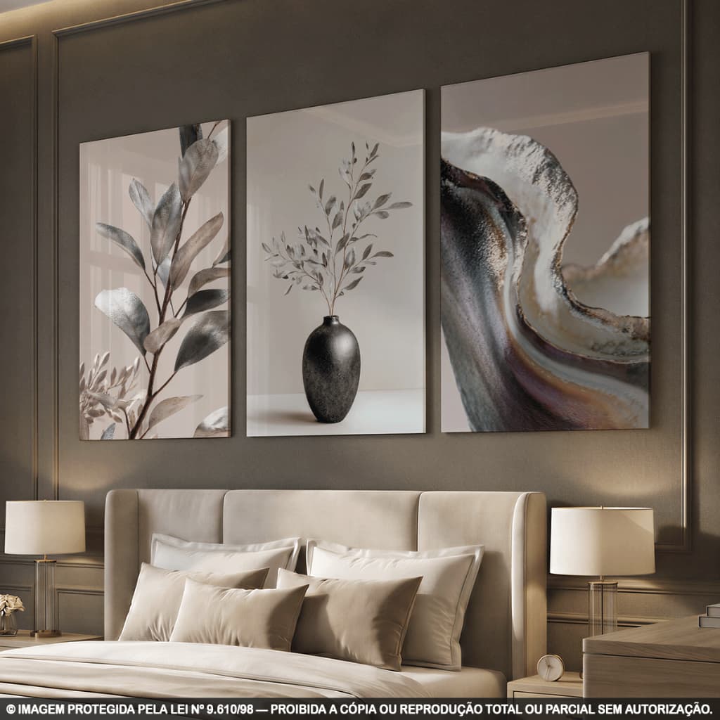 Kit 3 Quadros Decorativos Botânicos Prata e Bege com Vaso e Folhagens para Sala
