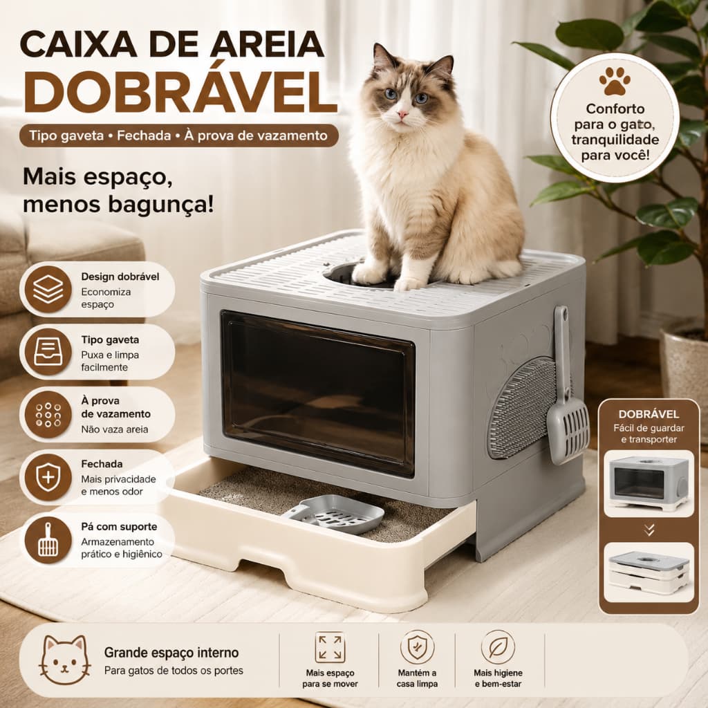Banheiro para gatos grande e totalmente fechado, com gaveta retrátil e sistema de controle de odores.