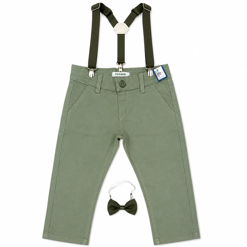 Calça Social Infantil Juvenil Sport Fino Verde Oliva com Suspensório e Gravata