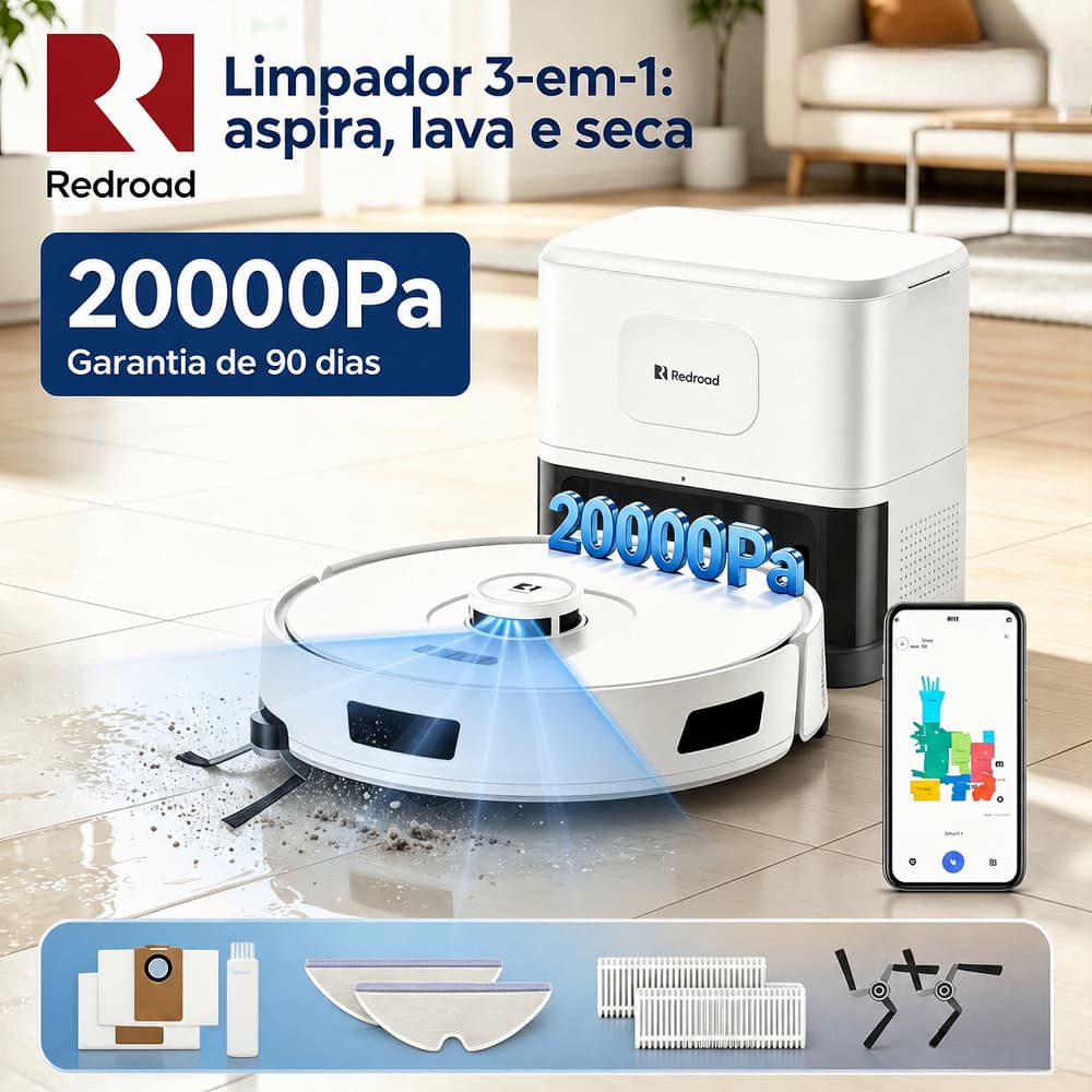 Robô Aspirador 3‑em‑1 LiDAR, Estação Autolimpante, Sucção 20000Pa, Bateria 150min, Saco 4L, Controle App-Redroad R11