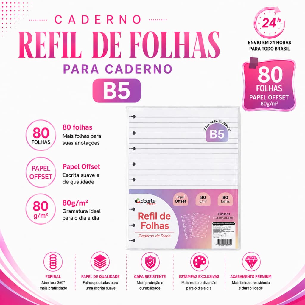 Bloco RefilFolhas Caderno Inteligente 10 Discos 80 Folhas Caderno Disco Volta Ás Aulas