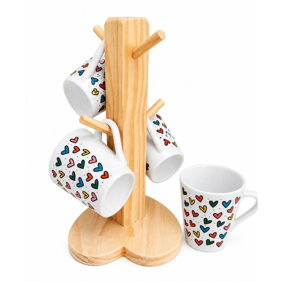 Kit Suporte + 4 Xicaras para Cafe Decoração Cozinha Cantinho do Café
