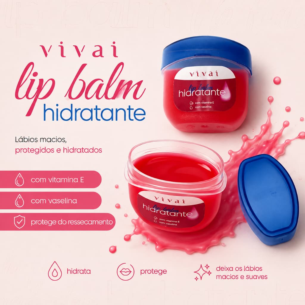 Lip Balm Vivai Hidratante Morango Labial com Vitamina E e Vaselina Lábios Macios e Protegidos
